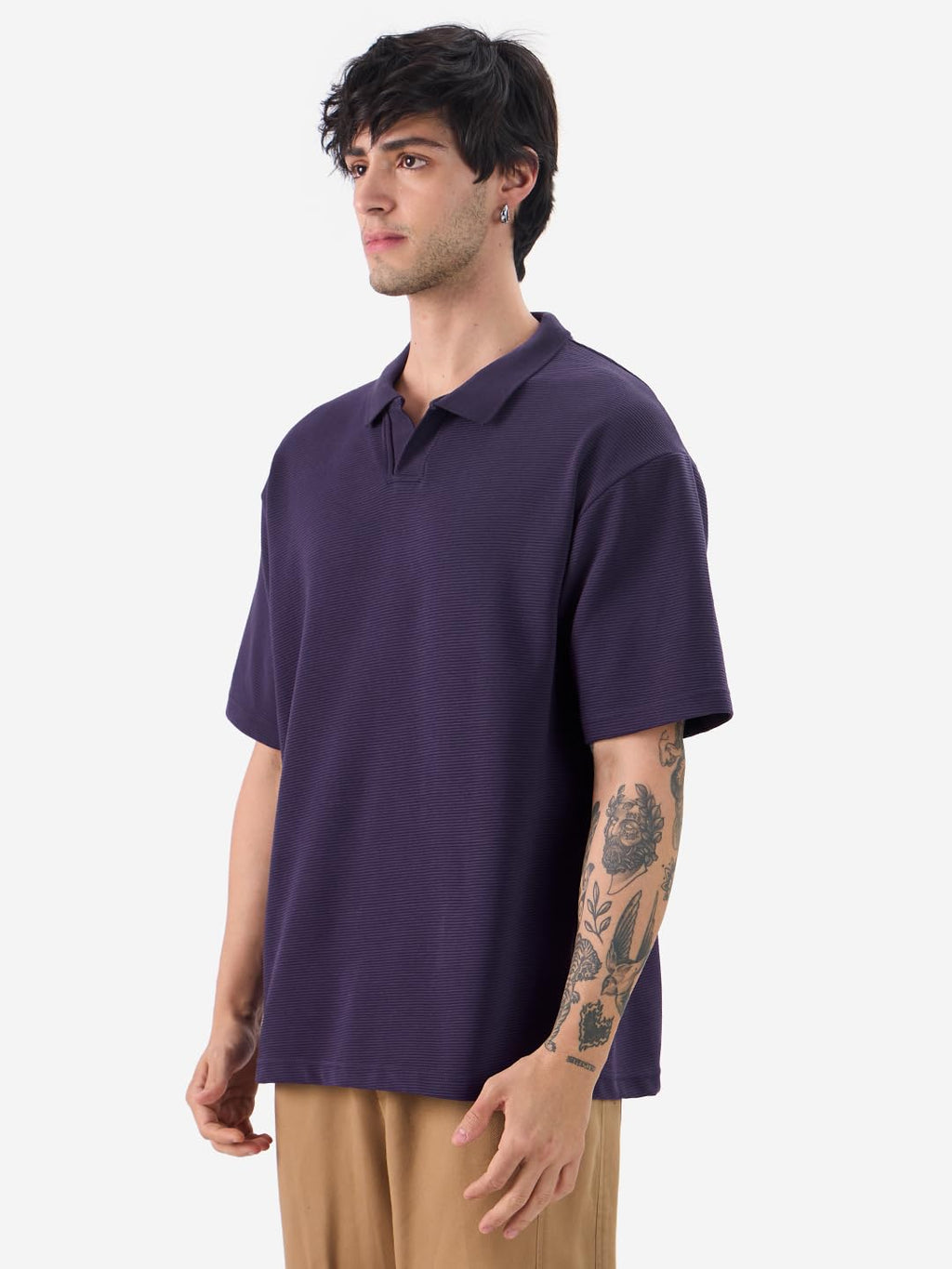 The Souled Store Solids: Berry Blue Men and Boys Short Sleeves Collared Neck Textured Cotton Blend Oversized Polos