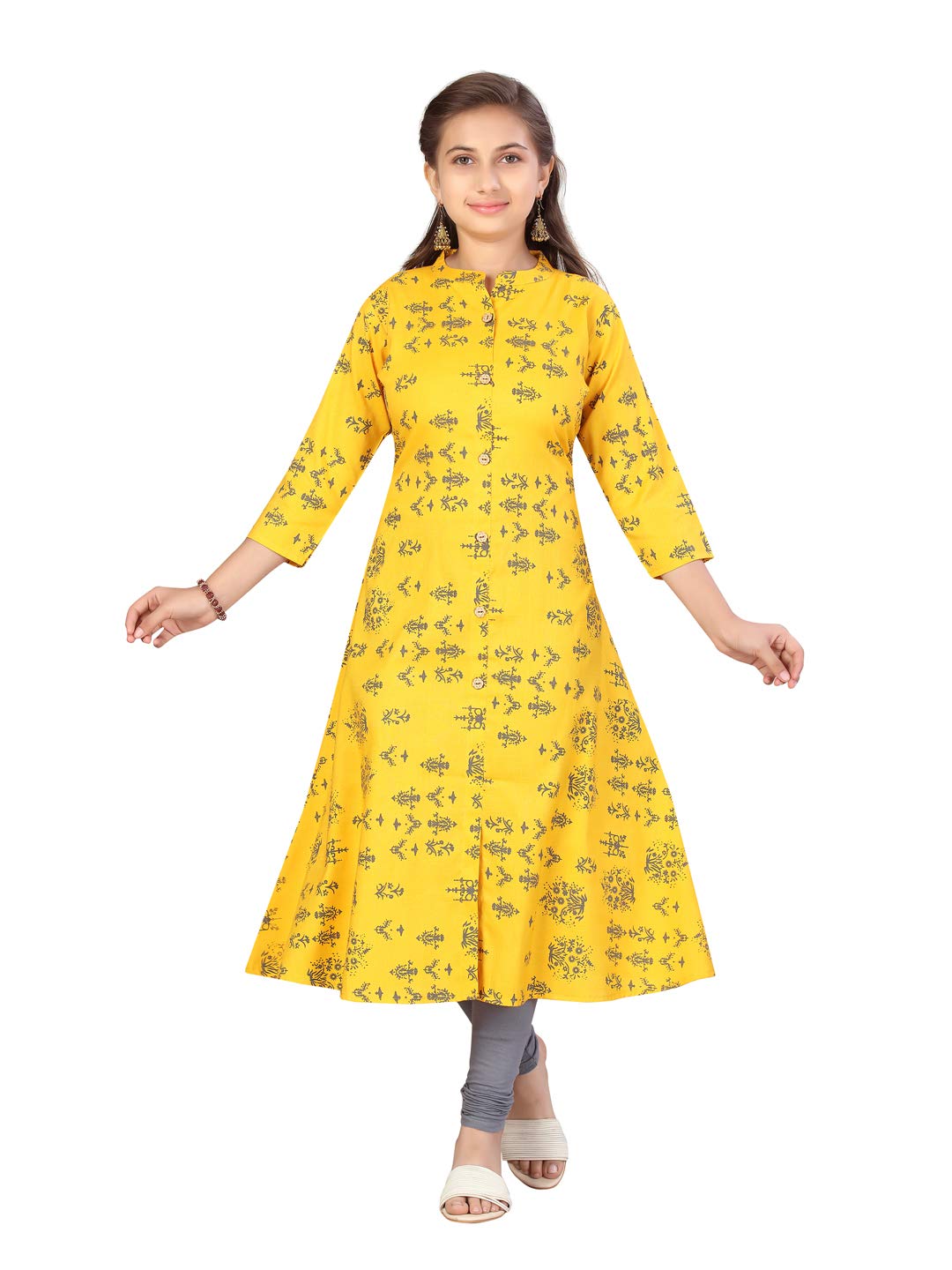 Aarika Girls Contemporary Regular Fit Cotton Kurti Legging Set(Kurti-K-119-Yellow-Grey-38)