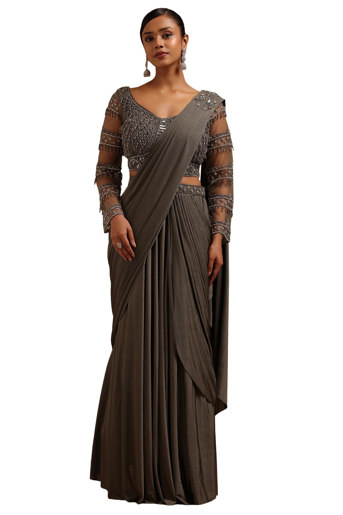 Soch Women Spandex Solid Ready-to-Wear Saree with Beads and Stones