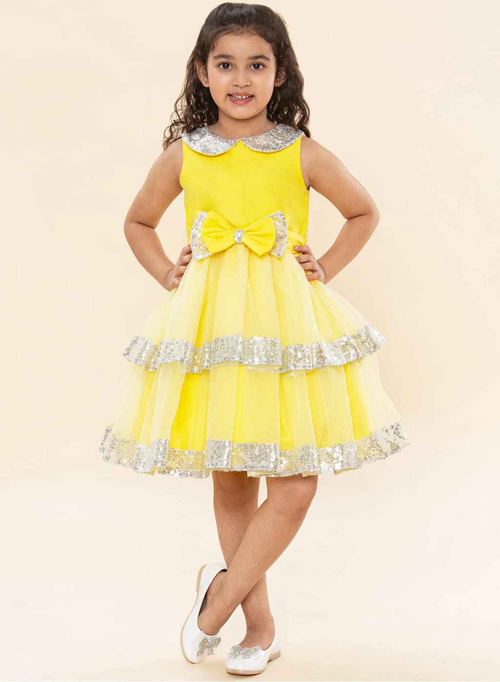 A.T.U.N. (ALL THINGS UBER NICE) Girls Peter Pan Sequins Collar Birthday Party Princess Tiered Dress for Kids 0-10Y Yellow