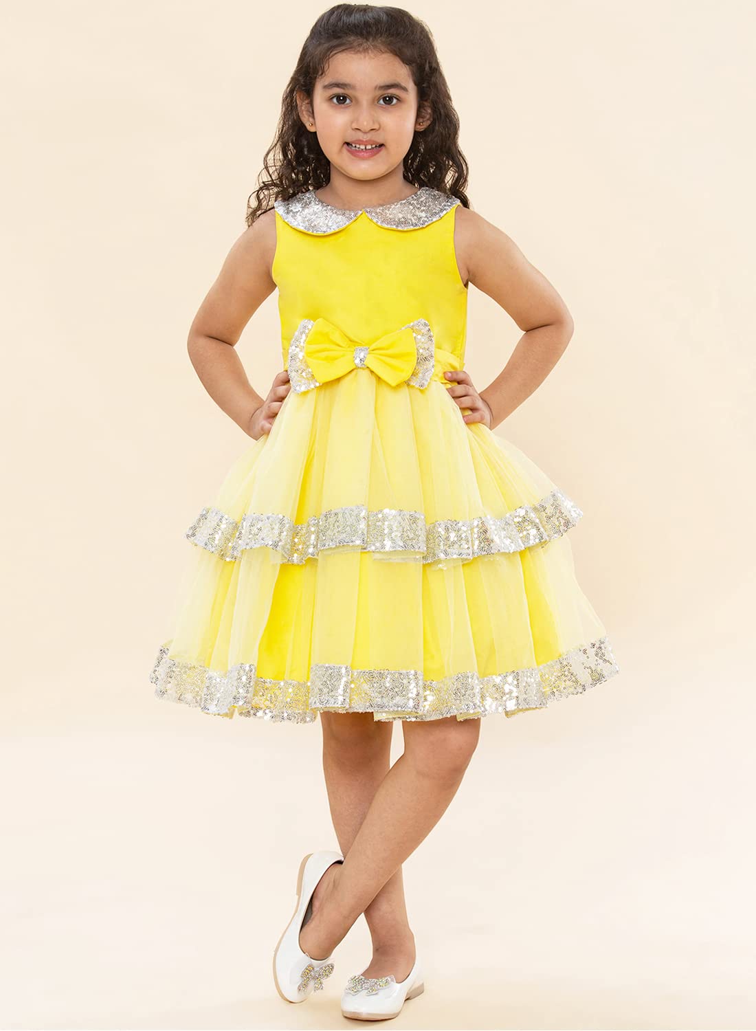 A.T.U.N. (ALL THINGS UBER NICE) Girls Peter Pan Sequins Collar Birthday Party Princess Tiered Dress for Kids 0-10Y Yellow