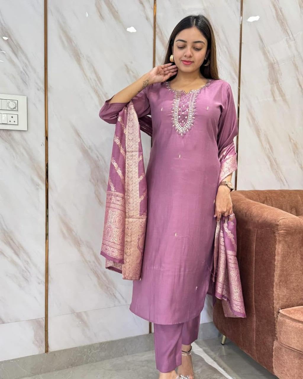 ANNI DESIGNER Womens Rayon Blend Embroidered Straight Kurta with Pant & Dupatta (Nagari Purple_S_Purple_Small)