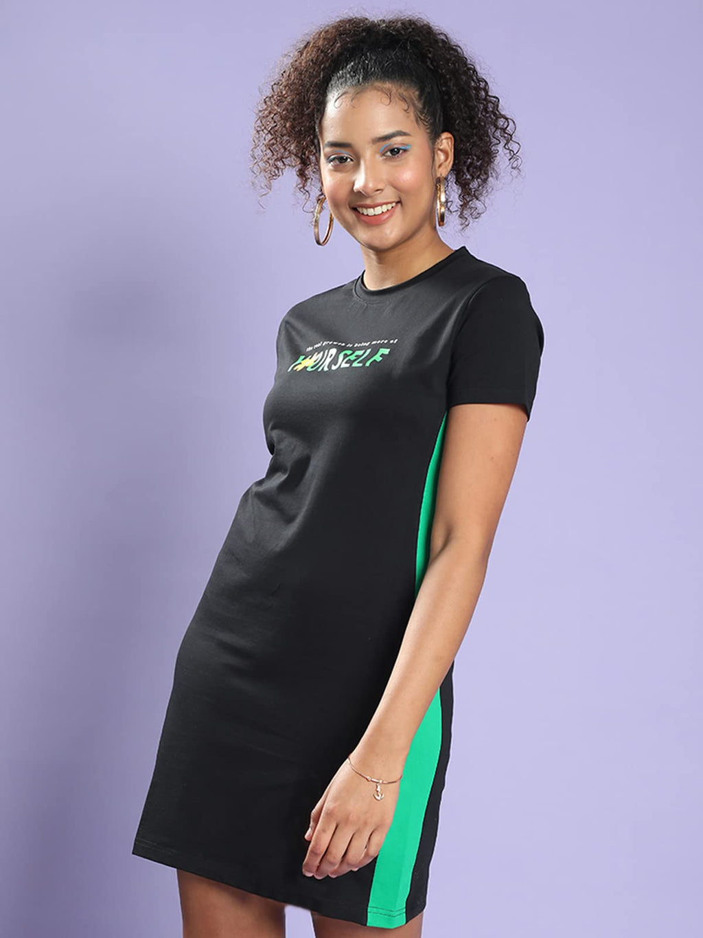 Juneberry Women Crew-Neck Typographic Print T-Shirt Black Dress With Front Slit And Contrast Tape