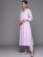 Varanga Women Lavender Embroidered A-Line Empire Kurta Paired With Tonal Bottom And Tonal Embroidered Dupatta