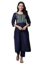 Aurelia Blue Embroidered Blend Straight Long Kurta