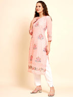 Vairagee WomenS Georgette Straight Cut Round Neck Kurta With Beautiful Floral Embroidery Thread Work (1577) Pink