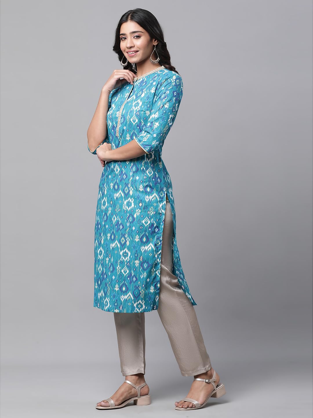 Aurelia WomenS Geometric Printed Printed Straight Long Blue Cotton Kurta