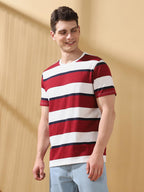 Dennis Lingo Men Cabernet Stripes Round Neck Half Sleeves Regular Fit T-Shirts