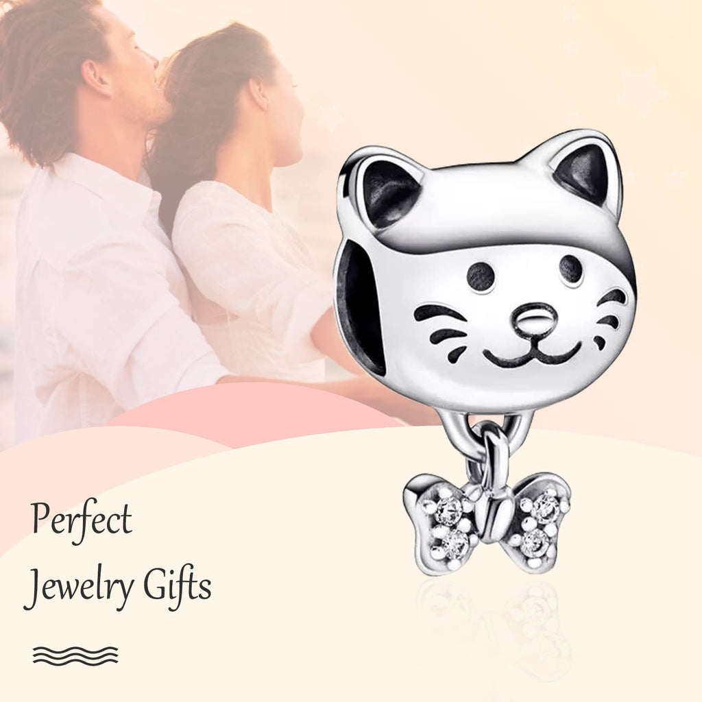 Annmors Pet Cat & Bow Charm 925 Sterling Silver Bead with Cubic Zirconia for Animal Lovers Gifts Christmas Halloween Valentine's