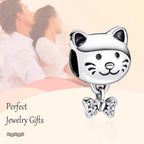 Annmors Pet Cat & Bow Charm 925 Sterling Silver Bead with Cubic Zirconia for Animal Lovers Gifts Christmas Halloween Valentine's