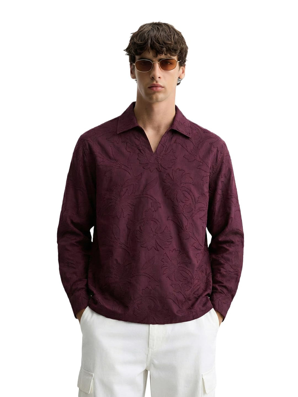 The Indian Garage Co Mens Relaxed Fit Textured Resort Collar Long Sleeves Resort Sweater