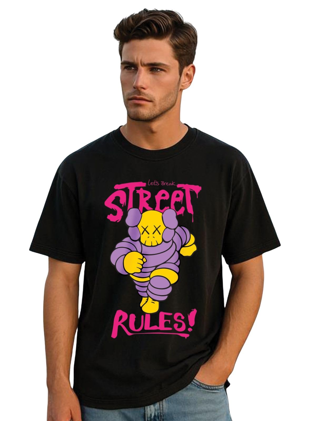 Veirdo Men's Cotton Round Neck Oversized Baggy Fit Drop Shoulder Front Street Rules Graphic Printed Short Sleeve T-Sh