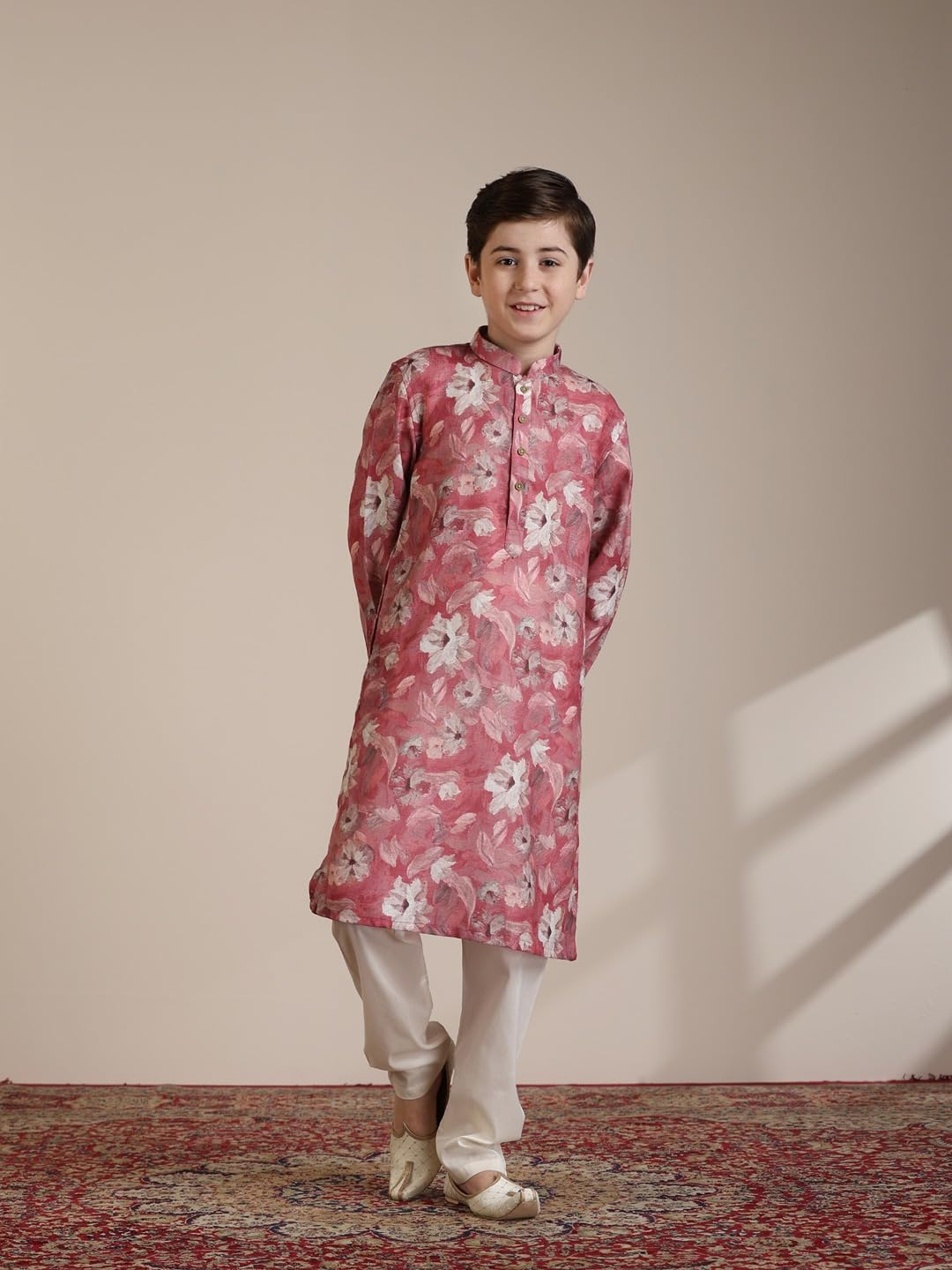 Manyavar Coral Blended Viscose Digital Print Kurta Pyjama Set for Child