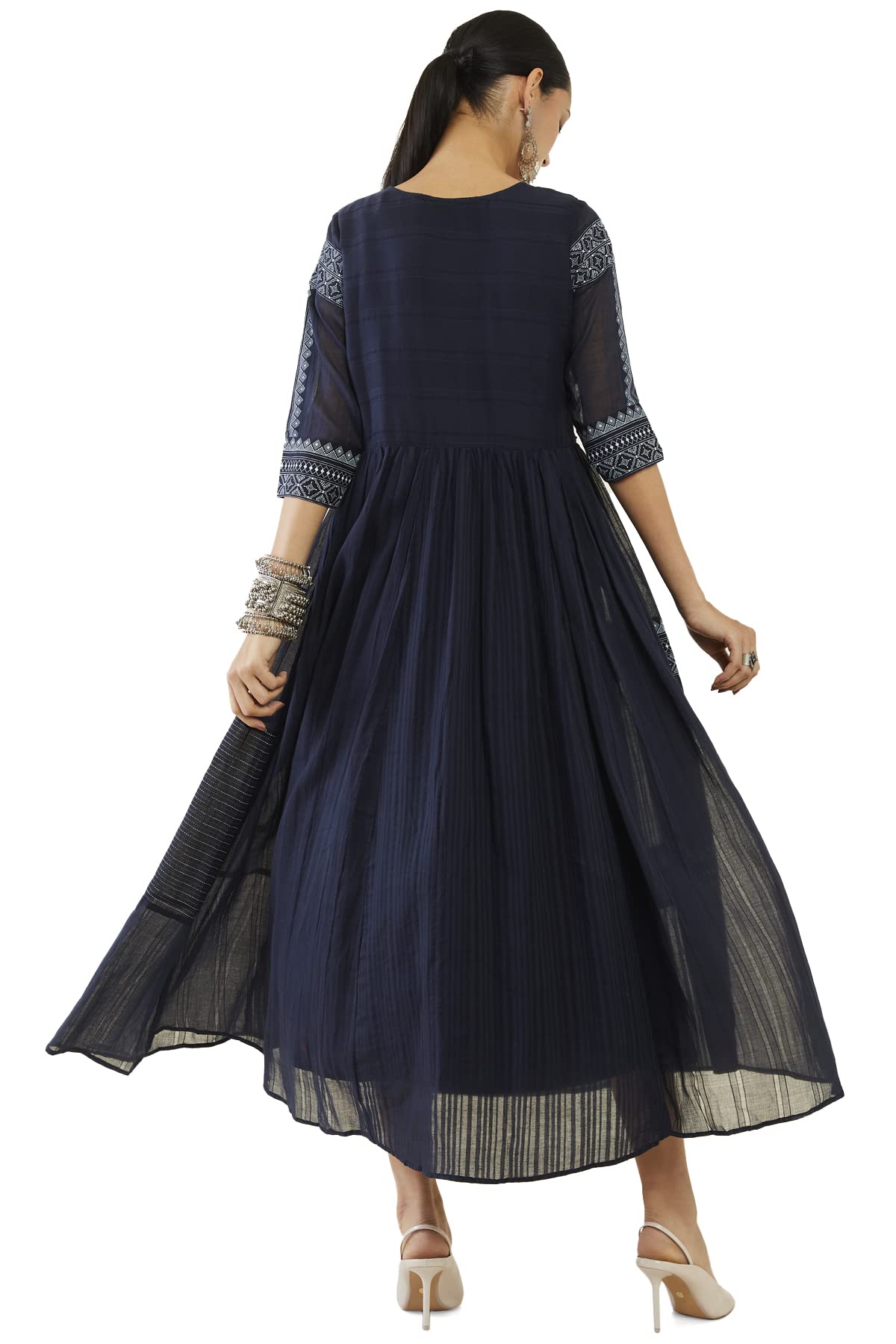 Soch Women Navy Blue Cotton Embroidery Dress Kurta