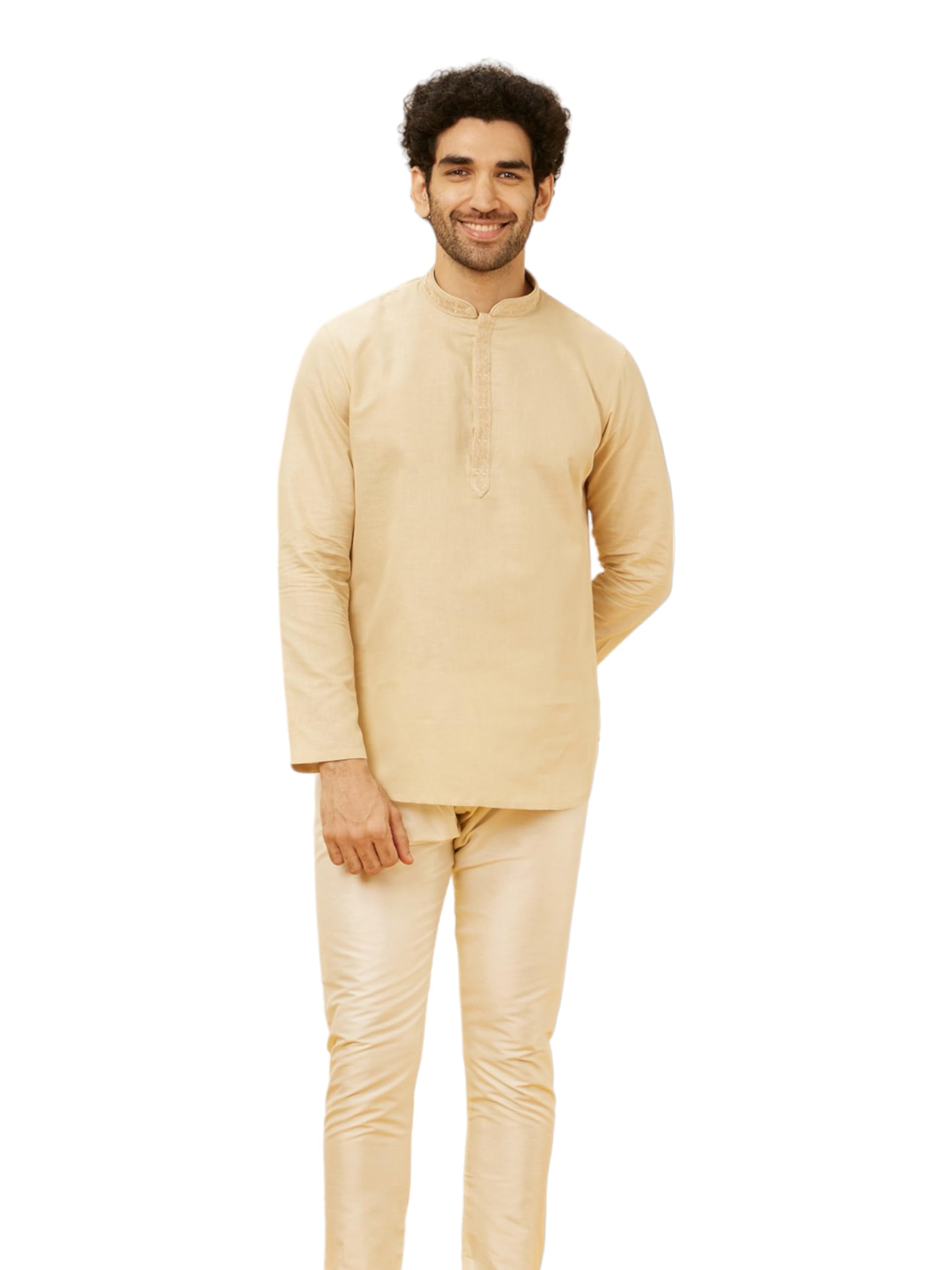 Manyavar Mens Beige Blended Linen Short Kurta