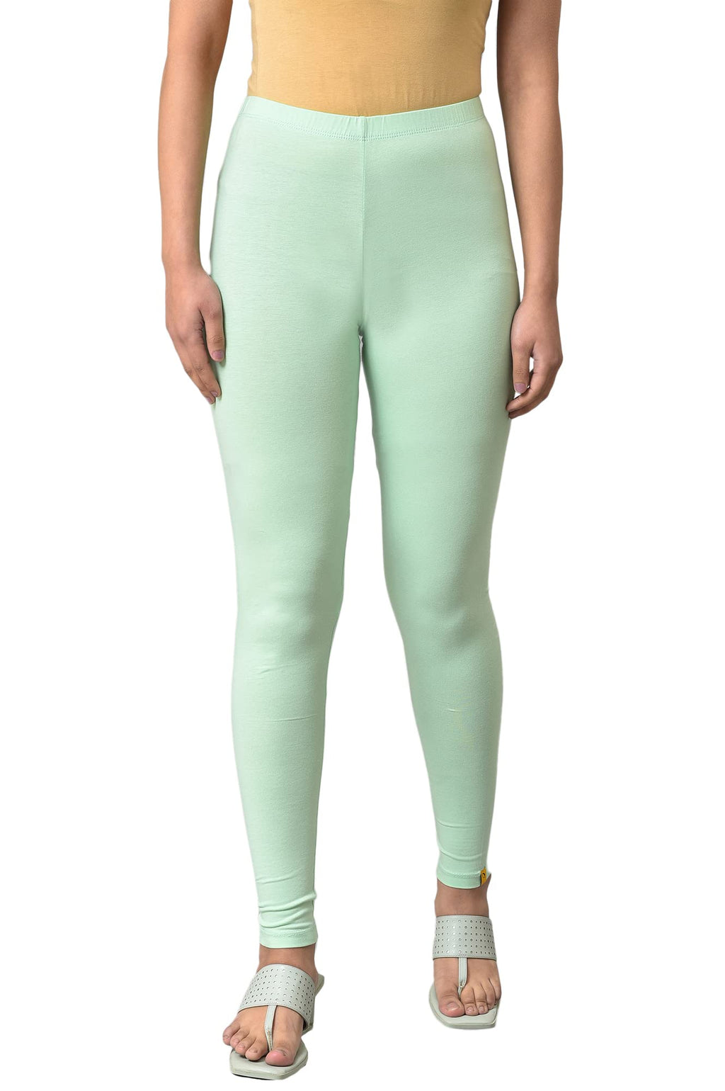 Aurelia Womens Green Solid Cotton Blend Leggings