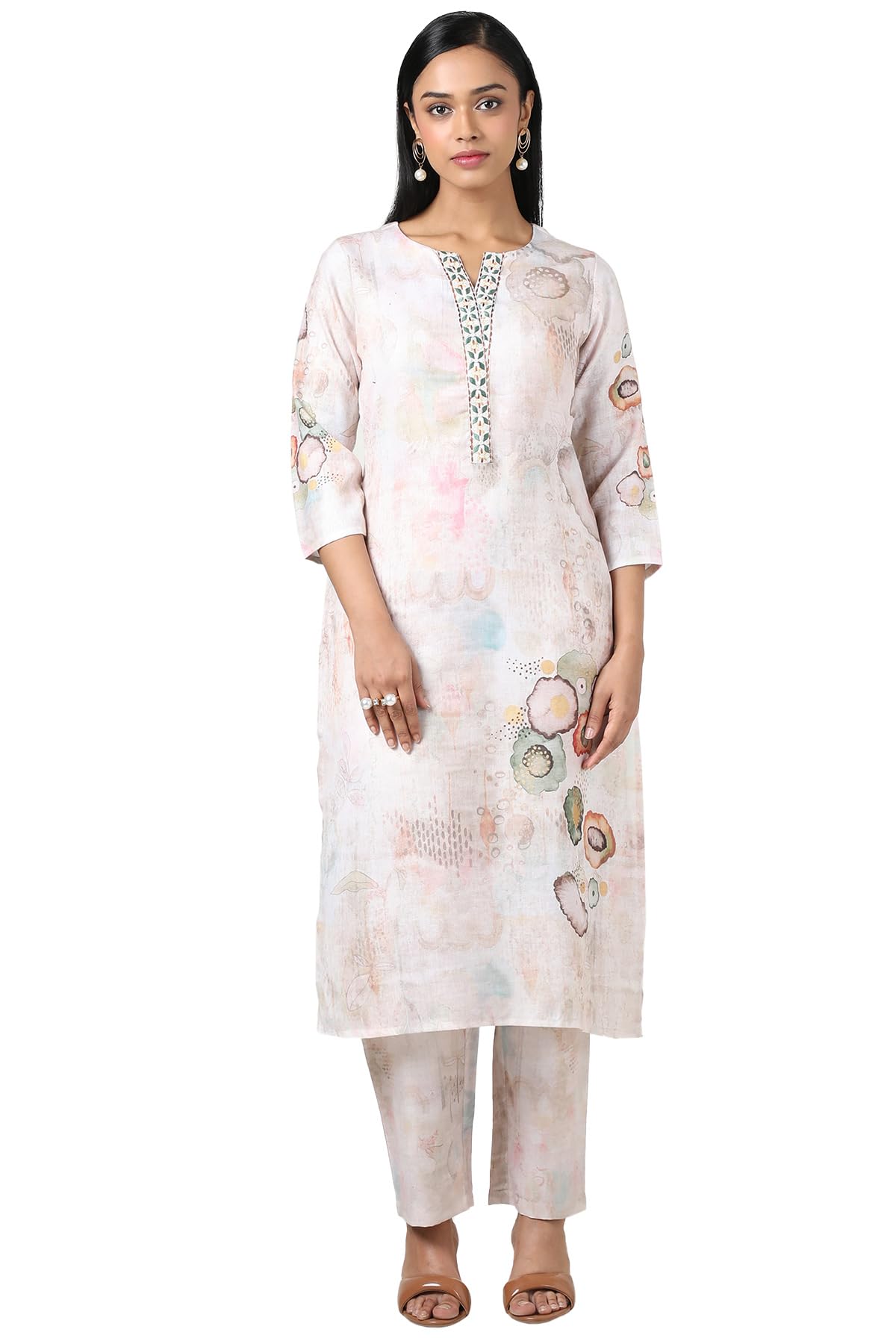 Soch Women Linen Floral Print Kurta Set with Thread Work