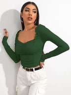 Shasmi Womens & Girls Bottle Green Full Sleeve, Sweat Hear Neck, Frill Trim Ruched Crop Top for Women, Tops, T-Shirts for Girl