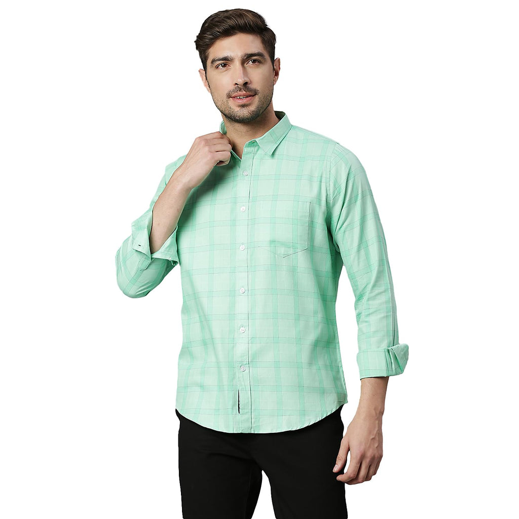 Thomas Scott Mens Checkered Slim Fit 100% Cotton Casual Shirt with Spread Collar and Long Sleeve Green