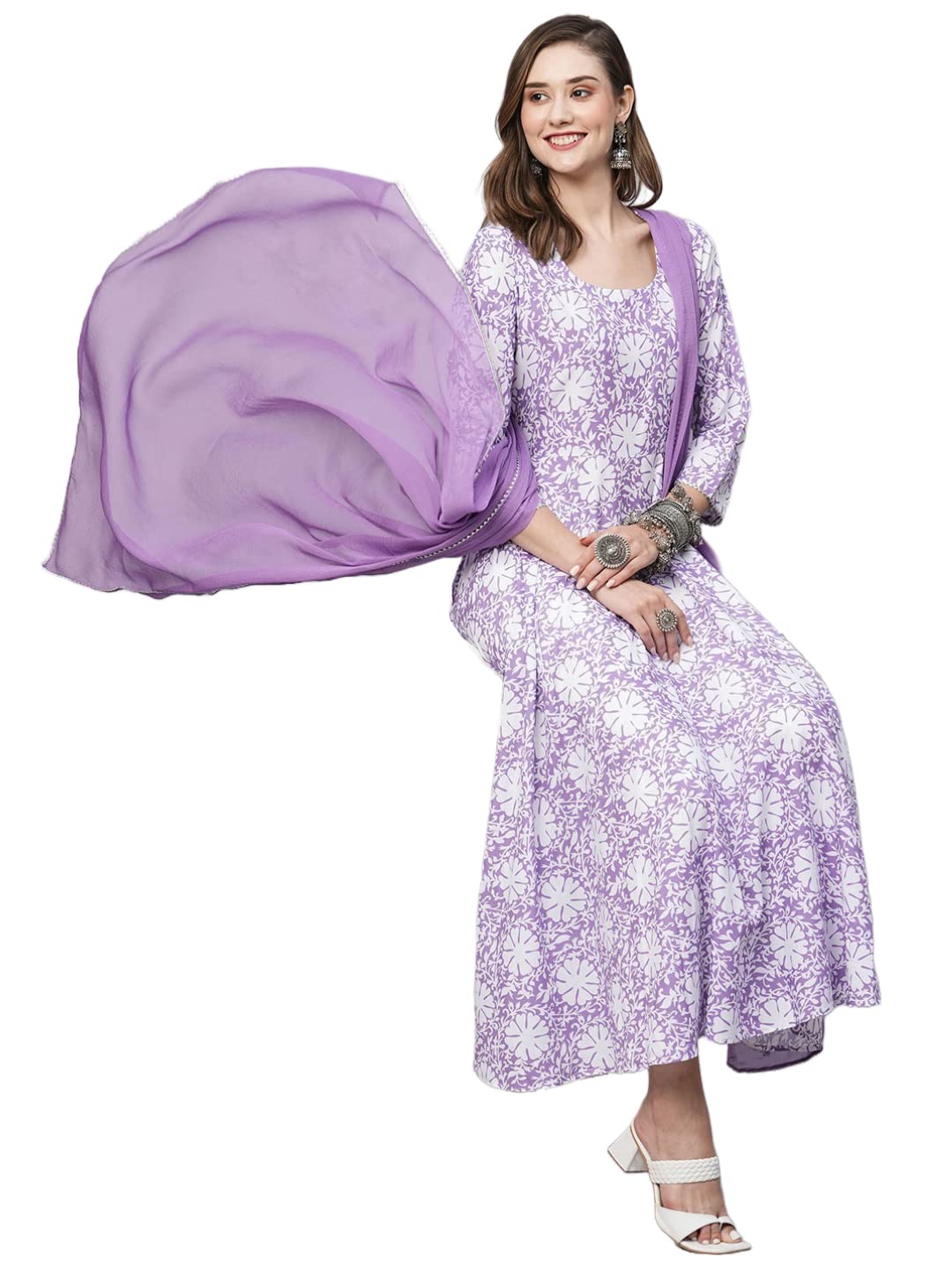 Gosriki Women'S Cotton Blend Anarkali Printed Kurta With Pant & Dupatta (Amig-Purple-Gs_L_Purple_Large)
