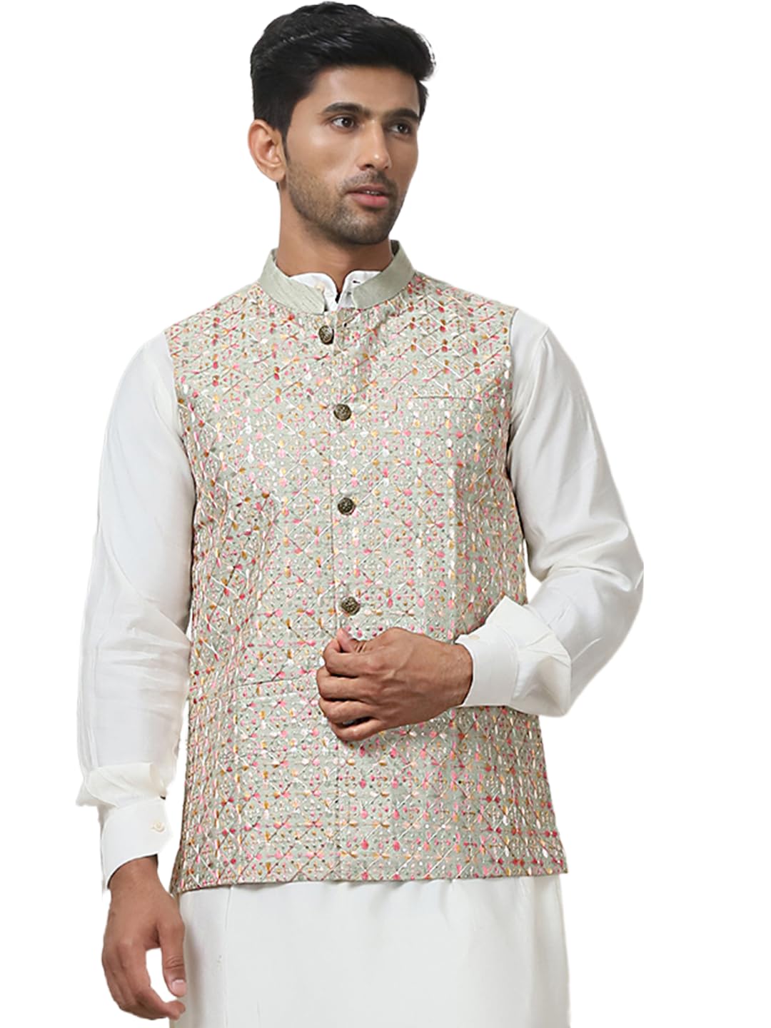 Jompers Mens Embroidered With Sequin Silk Blend Nehru Jacket