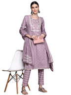 Ishin Women'S Pure Cotton A-Line Embroidered Sequinned Floral Print Purple Kurta Suit Set With Trouser Inwsd0145_Pl_M_Purple
