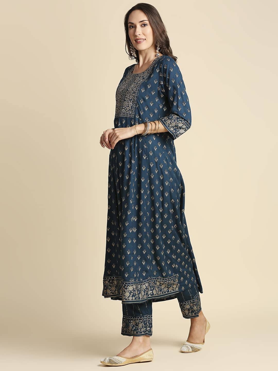 Anubhutee Navy Blue Ethnic Print Anarkali Kurta Pant Suit Set With Dupatta For Women