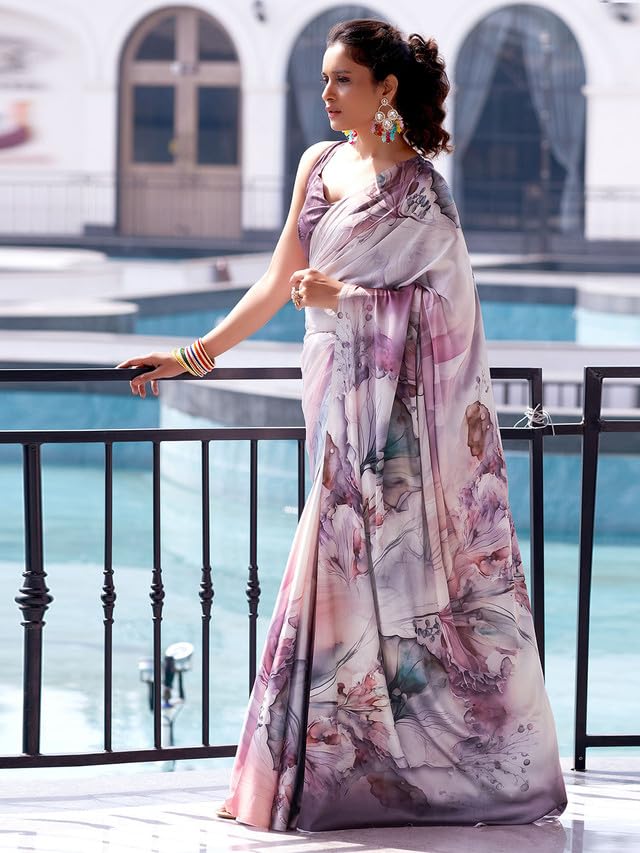 Satrani Womens Satin Digital Print Saree with Unstitched Blouse Piece