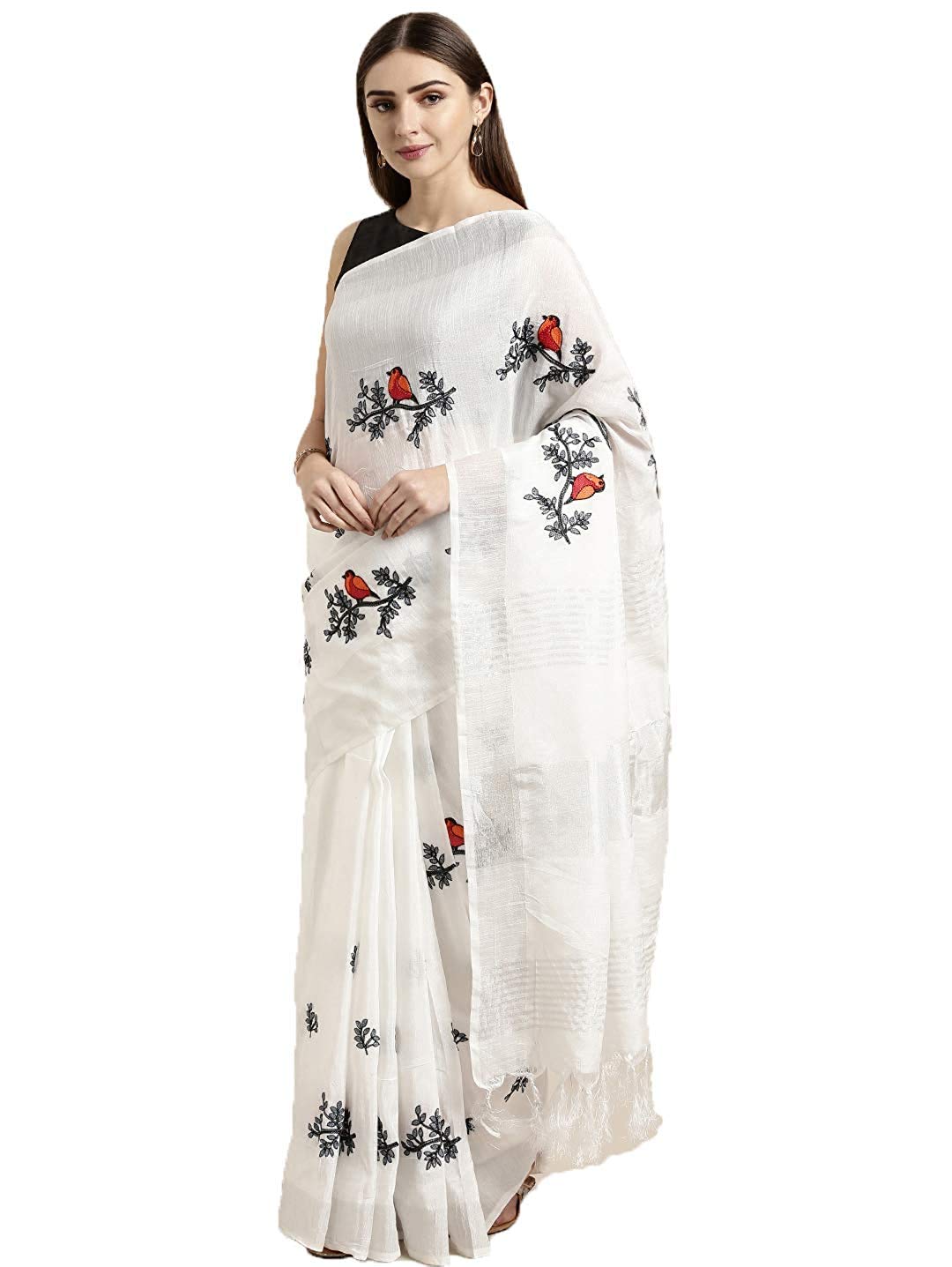 Anni Designer Womens Woven Linen Saree (BEYHADH_WHITE)