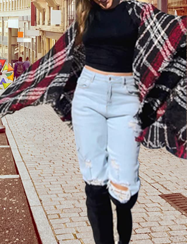 Bestshe Women's Boho Open Front Poncho Knitted Plaid Shawl Wrap Cape Tassel Cardigan Sweater