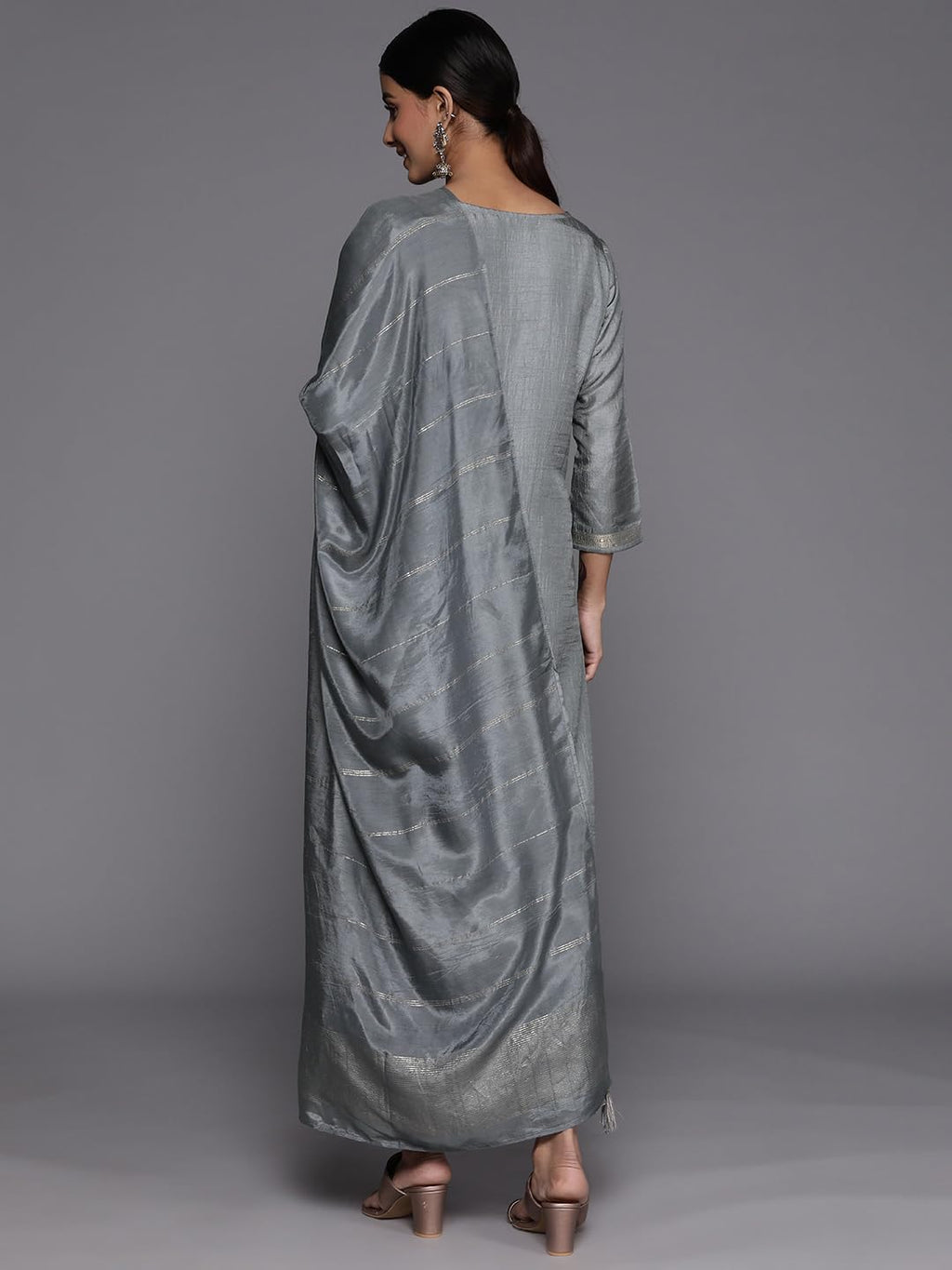 Libas Grey Self Design Silk Blend Straight Kurta With Trousers & Dupatta