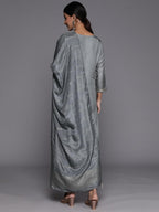 Libas Grey Self Design Silk Blend Straight Kurta With Trousers & Dupatta