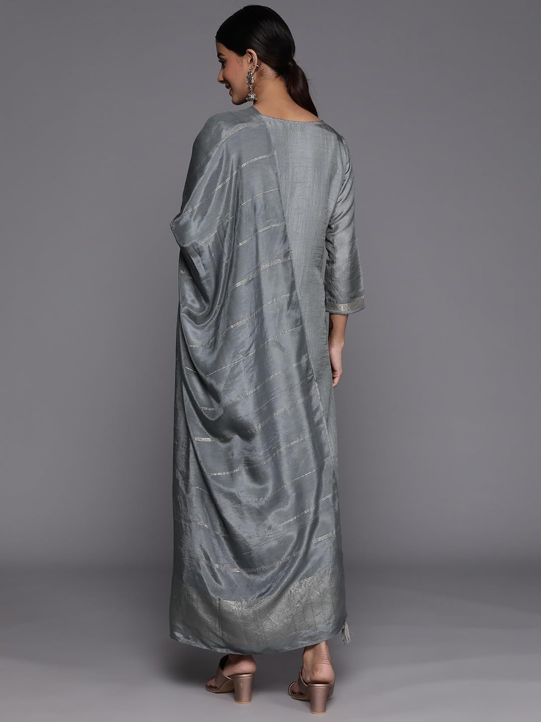Libas Grey Self Design Silk Blend Straight Kurta With Trousers & Dupatta