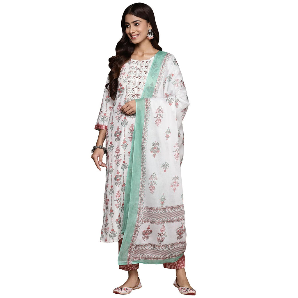 Anubhutee Women'S Pure Cotton Floral Printed Off White Kurta Suit Set With Trousers & Dupatta