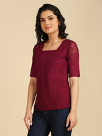 Gufrina WomenS Georgette Top With 3/4Th Sleeves Square Neck Embroidery Work Solid Pattern Regular Fit And Standard Length
