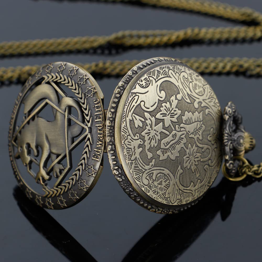 Tiong Fullmetal Alchemist Anime Pocket Watch with Chain for Cosplay Pendant Accessories with Gifts Box(Bronze White)