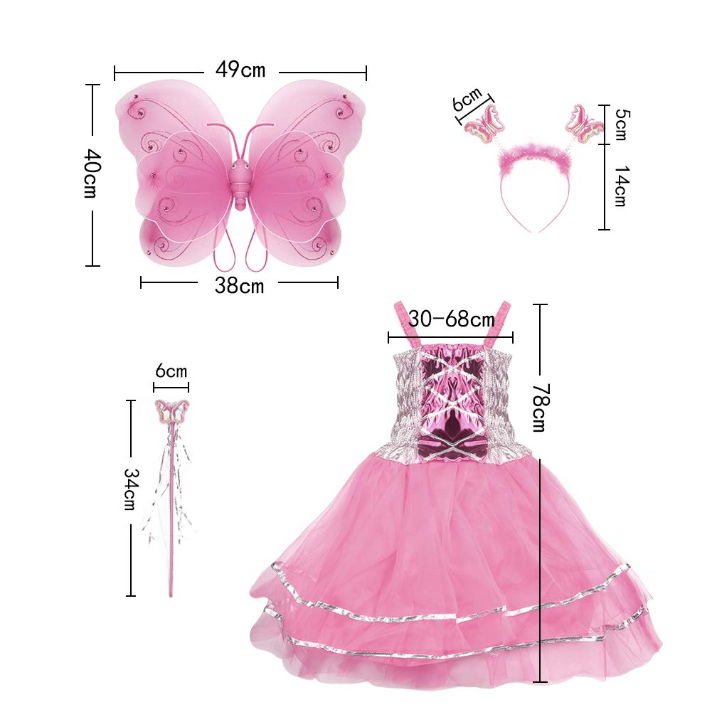 VOWOV Halloween Girls Dress Up Princess Fairy Costume Set with Dress, Wings, Wand and Headband for Children Ages 3-10
