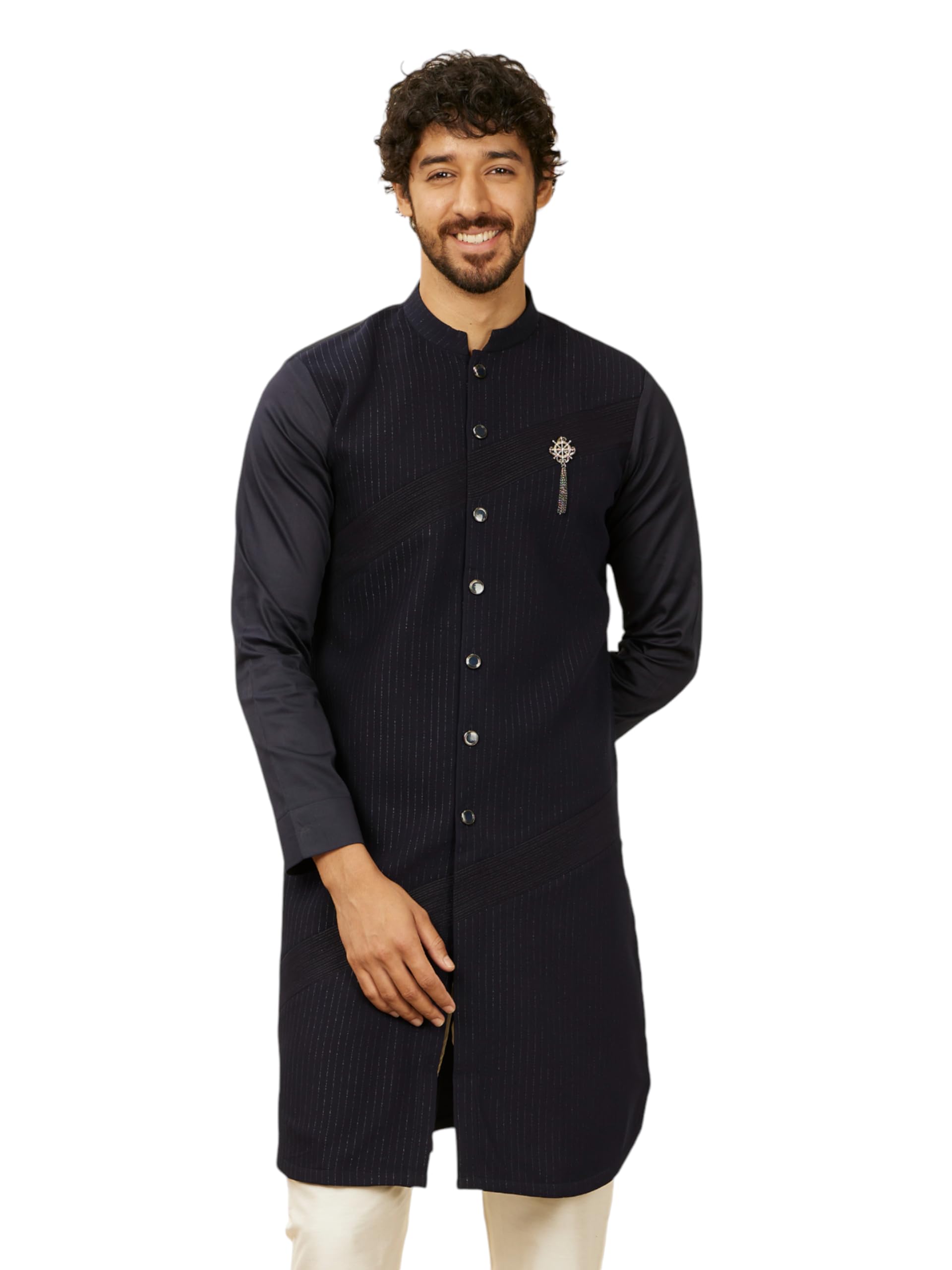 Manyavar Mens Dark Blue Self Striped Kurta (XXL)