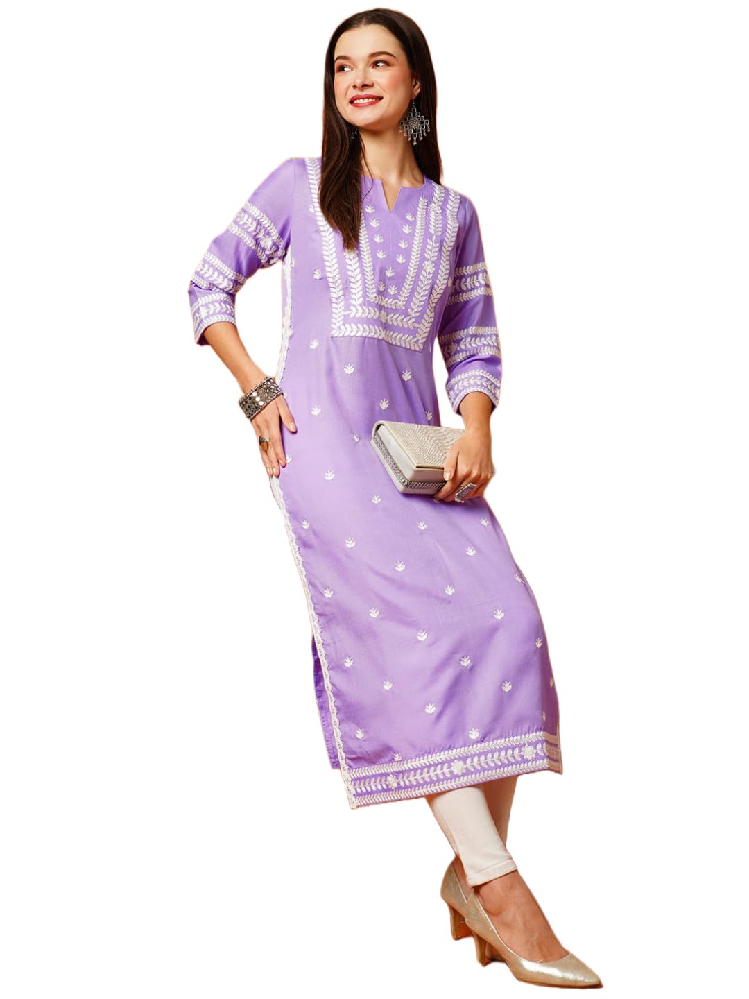 ANNI DESIGNER Womens Cotton Blend Chikankari Embroidered Straight Kurta (STHO-Purple-TNW_XL_Purple_X-Large)