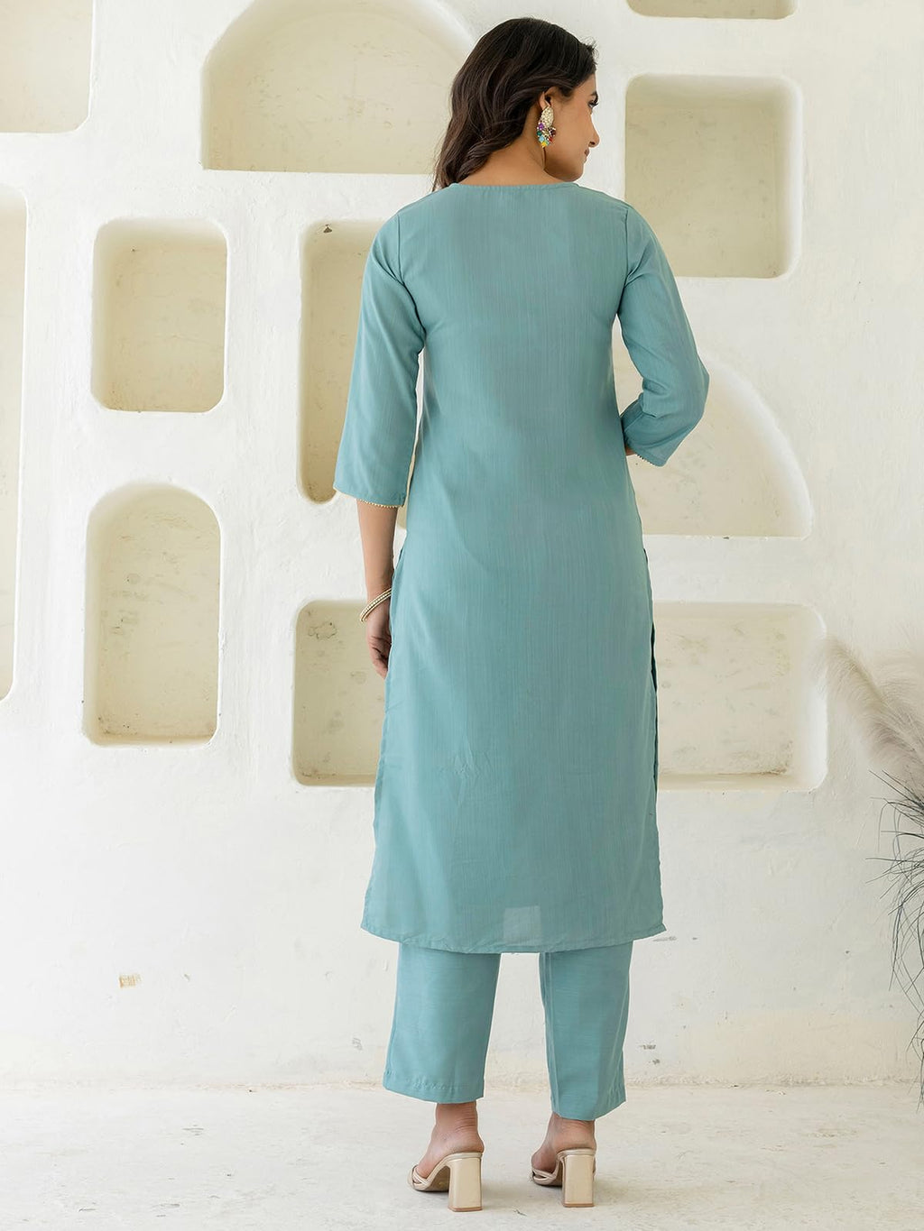 Sanisa Women'S Cotton Slub Embroidery Sequin Work Kurta With Pant And Dupatta Set