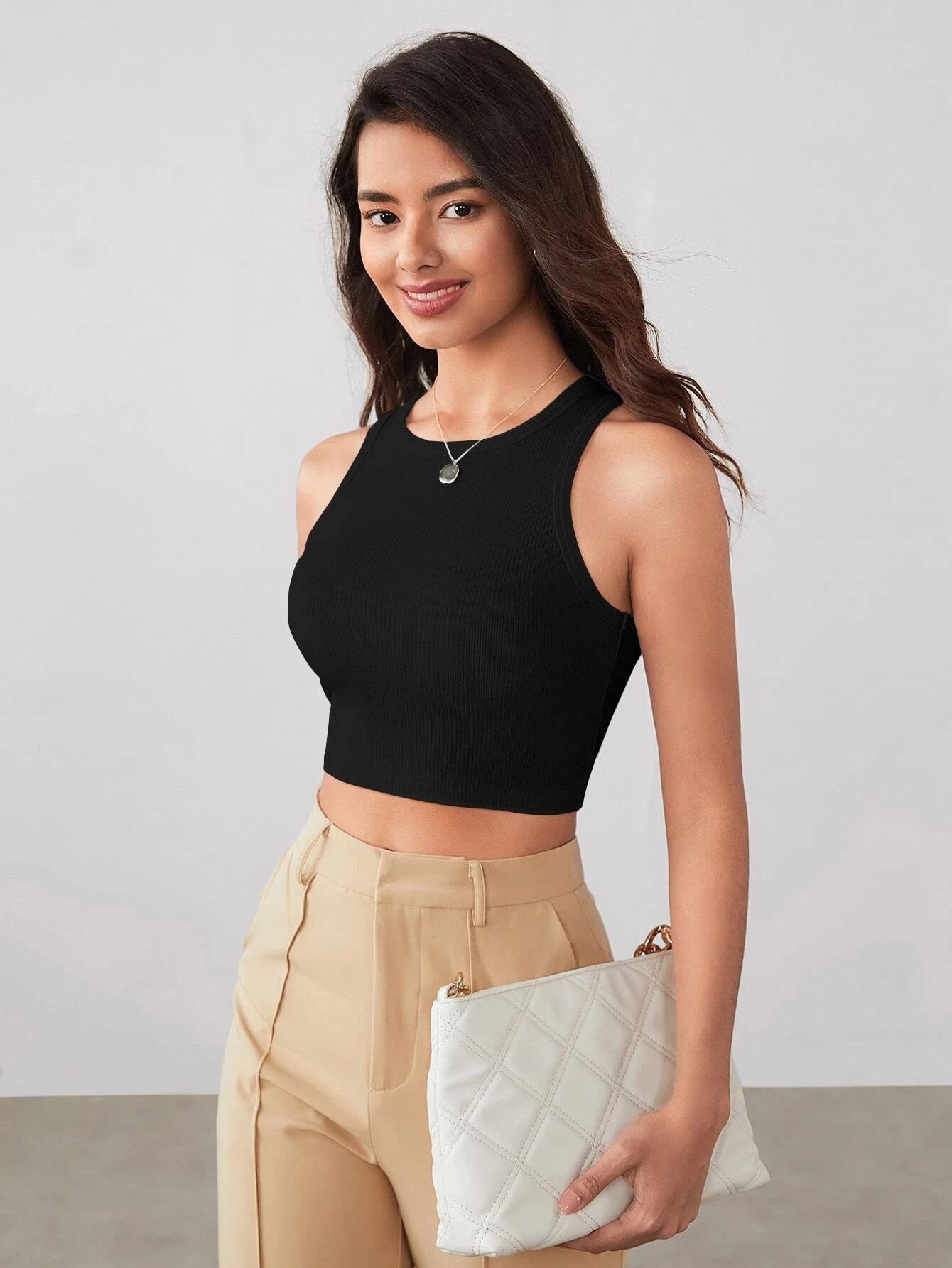 TAGAS Womens Solid Cotton Rib Knit Crop Tank Top || Womens Crop Top ||Round Neck Cotton Rib Crop Top for Women || Tops for Gir