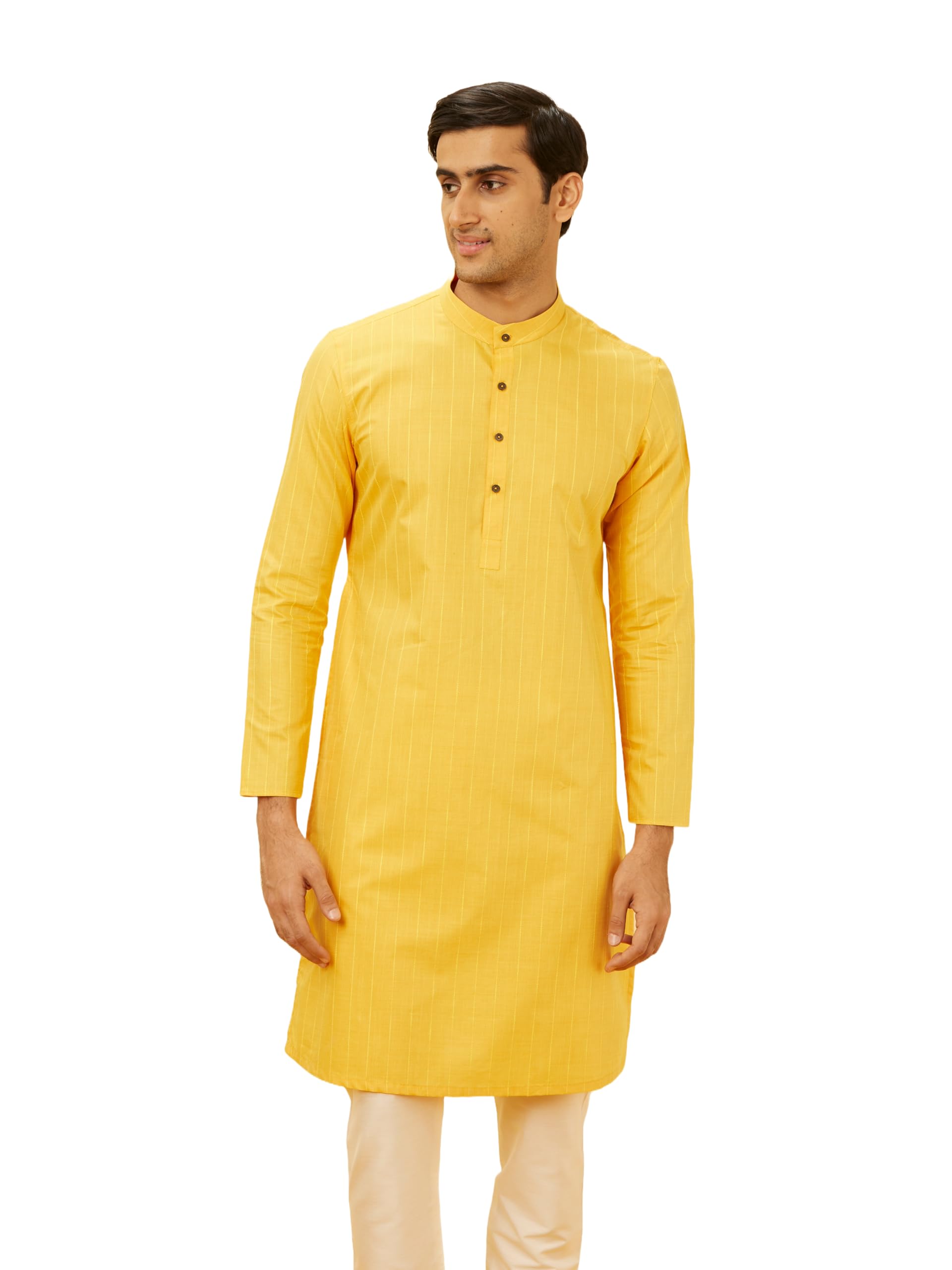 Manyavar Elegant Selfdesign Striped Kurta For Men - (Yellow, Medium)