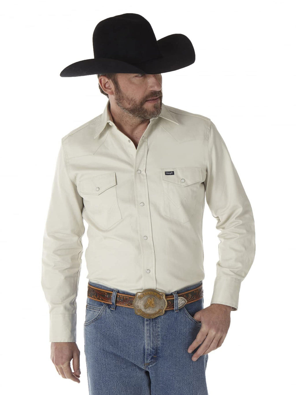 Wrangler Mens Cowboy Cut Western Two Pocket Long Sleeve Snap Work Shirt - Firm Finish - B&T,Stone,XX-Large Tall