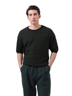 The Indian Garage Co Mens Oversized Textured Flatknit Half Sleeves Crew Neck Sweater