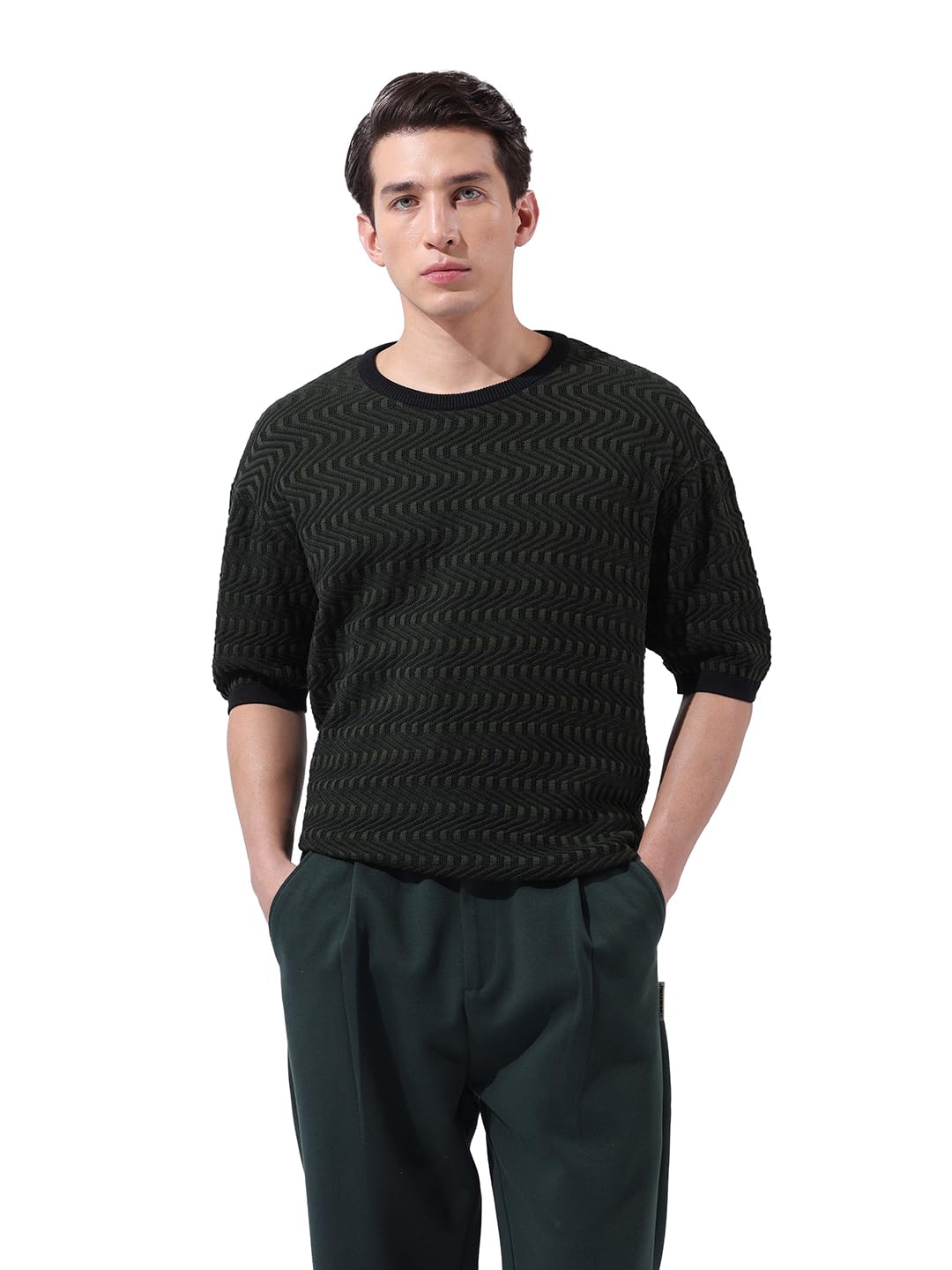 The Indian Garage Co Mens Oversized Textured Flatknit Half Sleeves Crew Neck Sweater