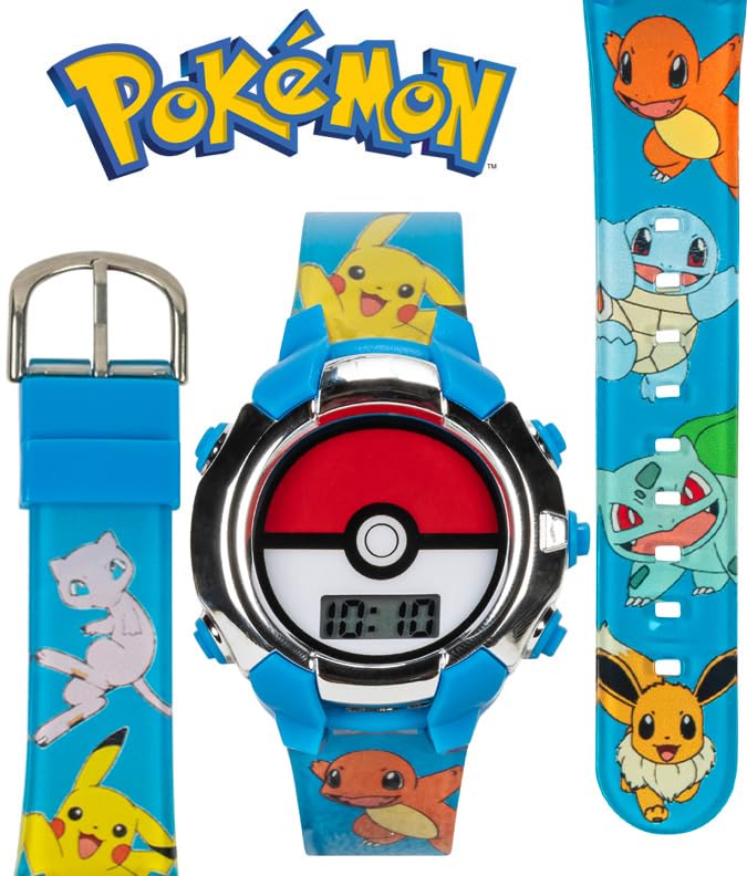 Accutime Kids Pokemon Pokeball Digital LCD Quartz Blue Wrist Watch with Blue Strap, Cool Inexpensive Gift & Party Favor for Boys