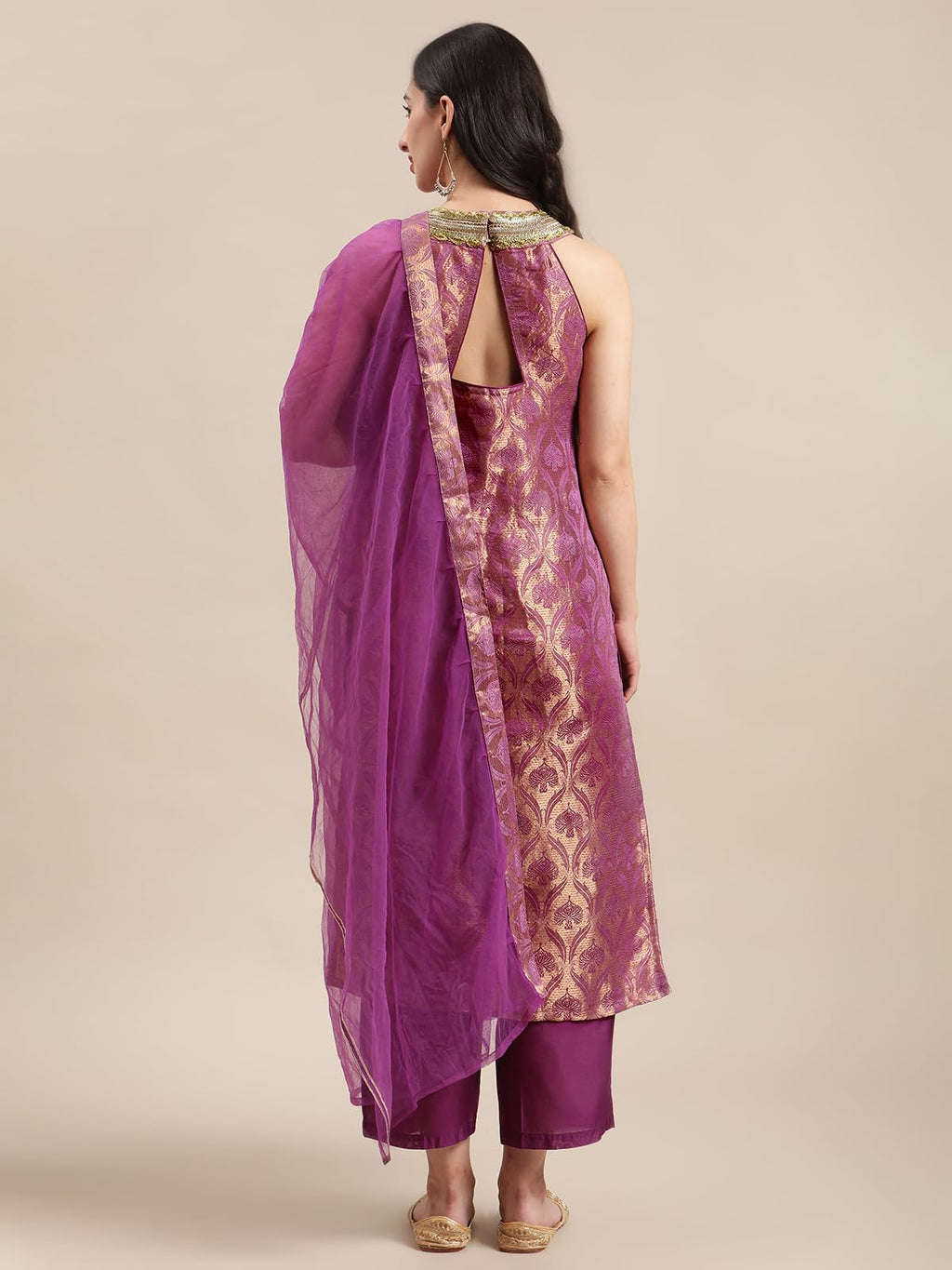 Varanga Women Mauve And Gold Halter Neck Brocade Straight Kurta With Straight Trouser And Double Layer Ruffle Dupatta.