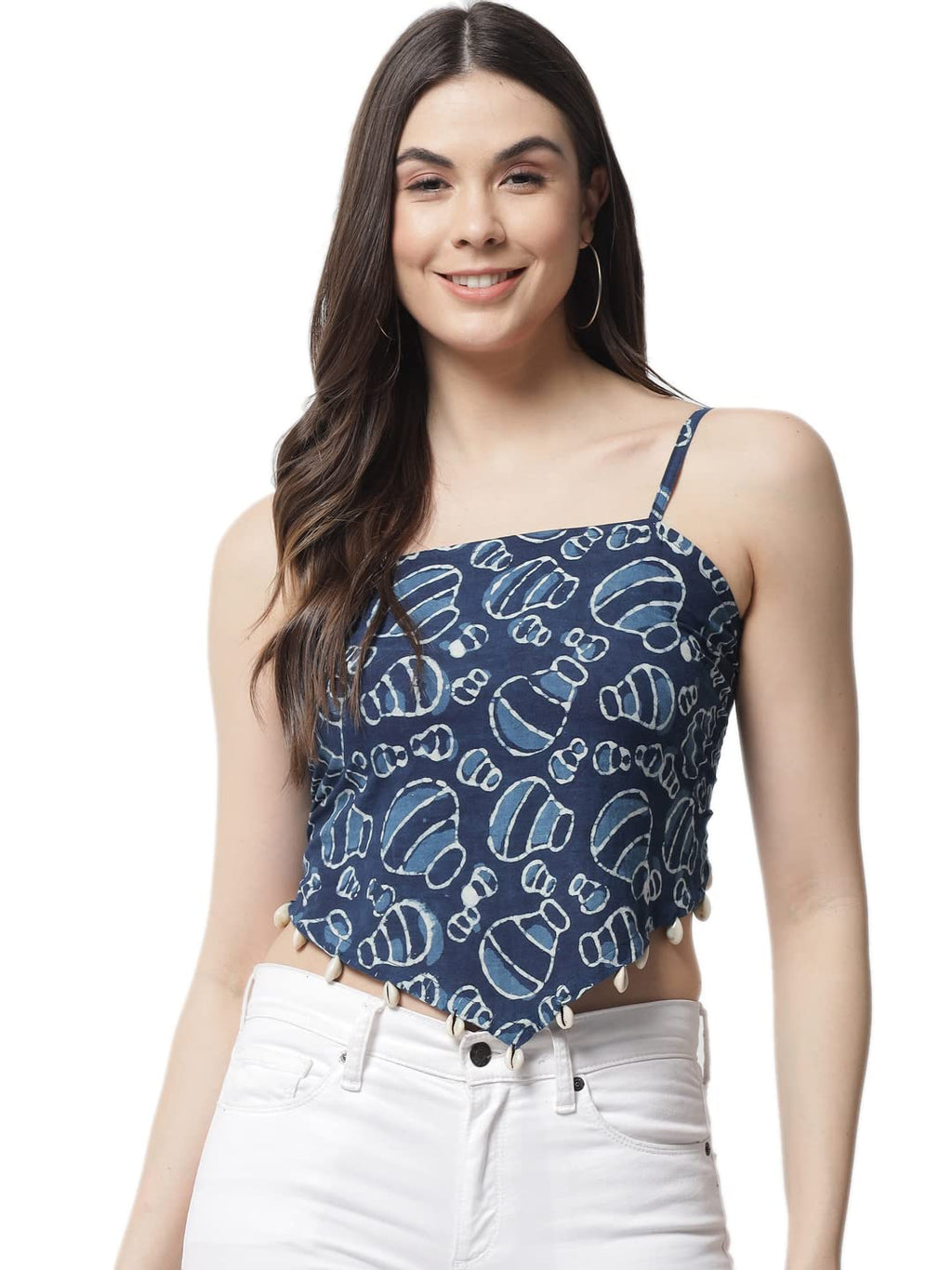 POPWINGS Blue Square Neck Printed Cotton Women Crop Top