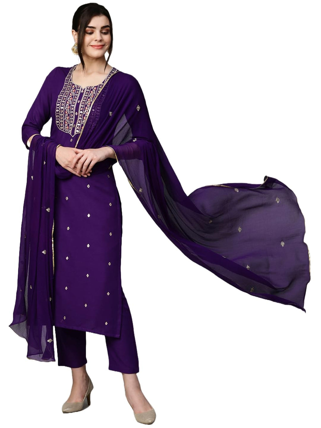ANNI DESIGNER Womens Cotton Blend Embroidered Straight Kurta with Pant & Dupatta (Kasturi Begani-NW_XL_Blue_X-Large)