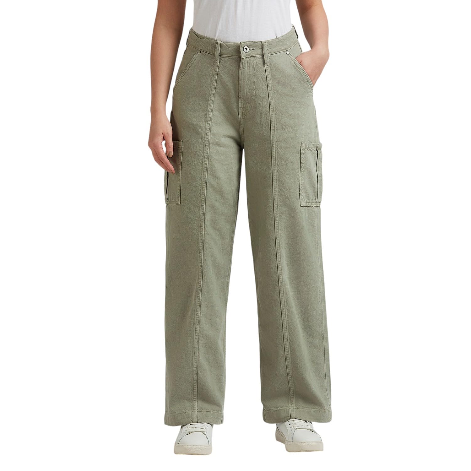 Green High Waist Straight Cargo Jeans